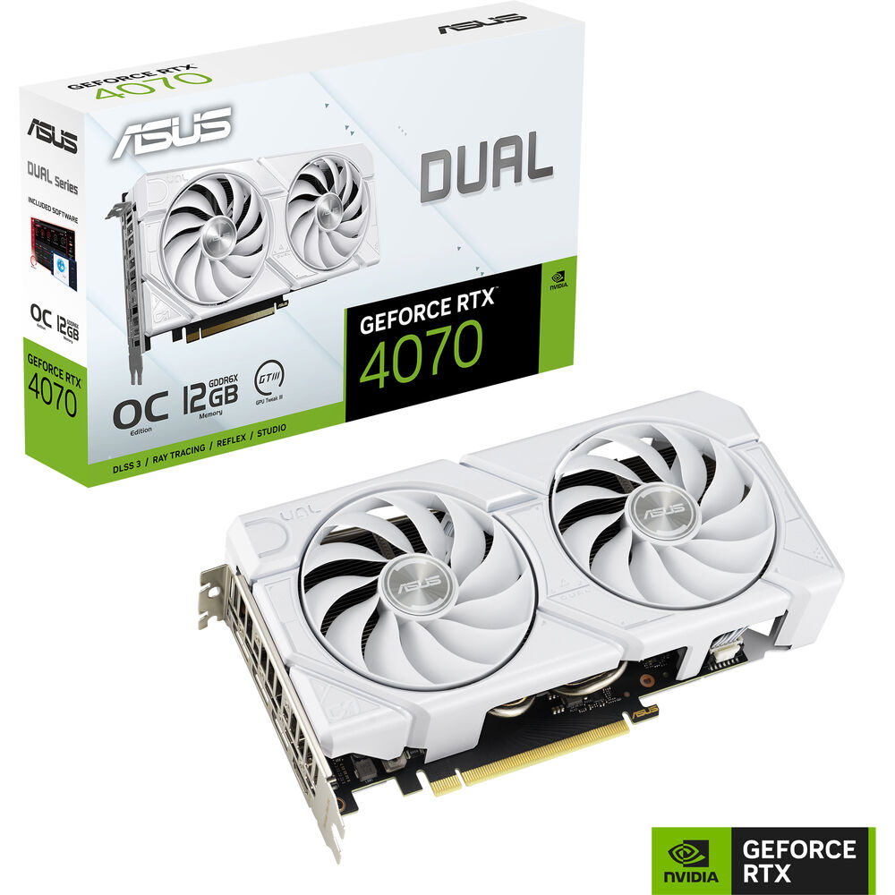 ASUS nVidia GeForce DUAL-RTX4070-O12G-EVO-WHITE RTX4070 EVO White OC Edition 12GB GDDR6X, 2520 MHz Boost Clock, RAM 21Gbps, 3xDP, 1xHDMI